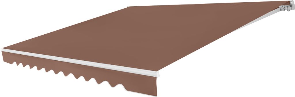 A brown awning with a white trim and a scalloped edge, shown from a diagonal angle against a white background.