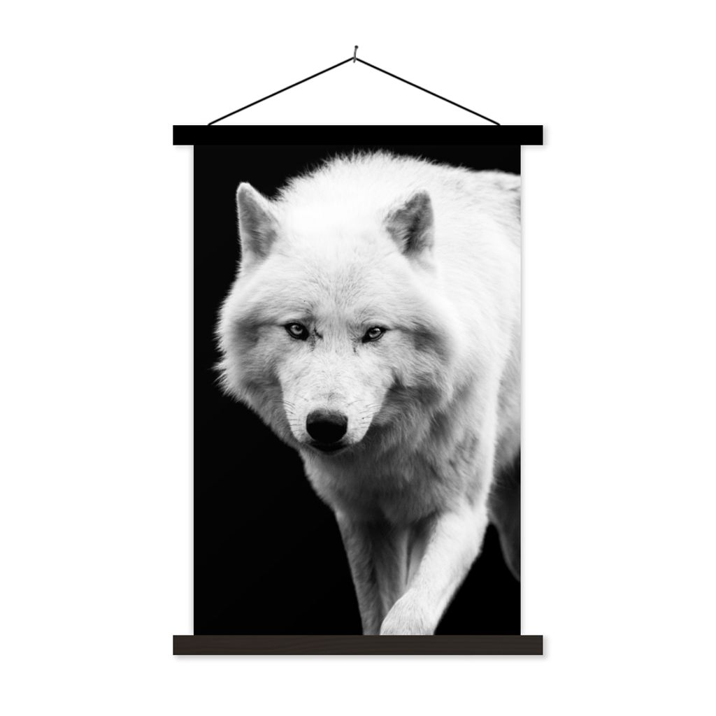 MuchoWow Textilposter Wolf - Tier - Schwarz - Weiß 60x90 cm mit schwarzem Rahmen - Poster Wohnzimmer