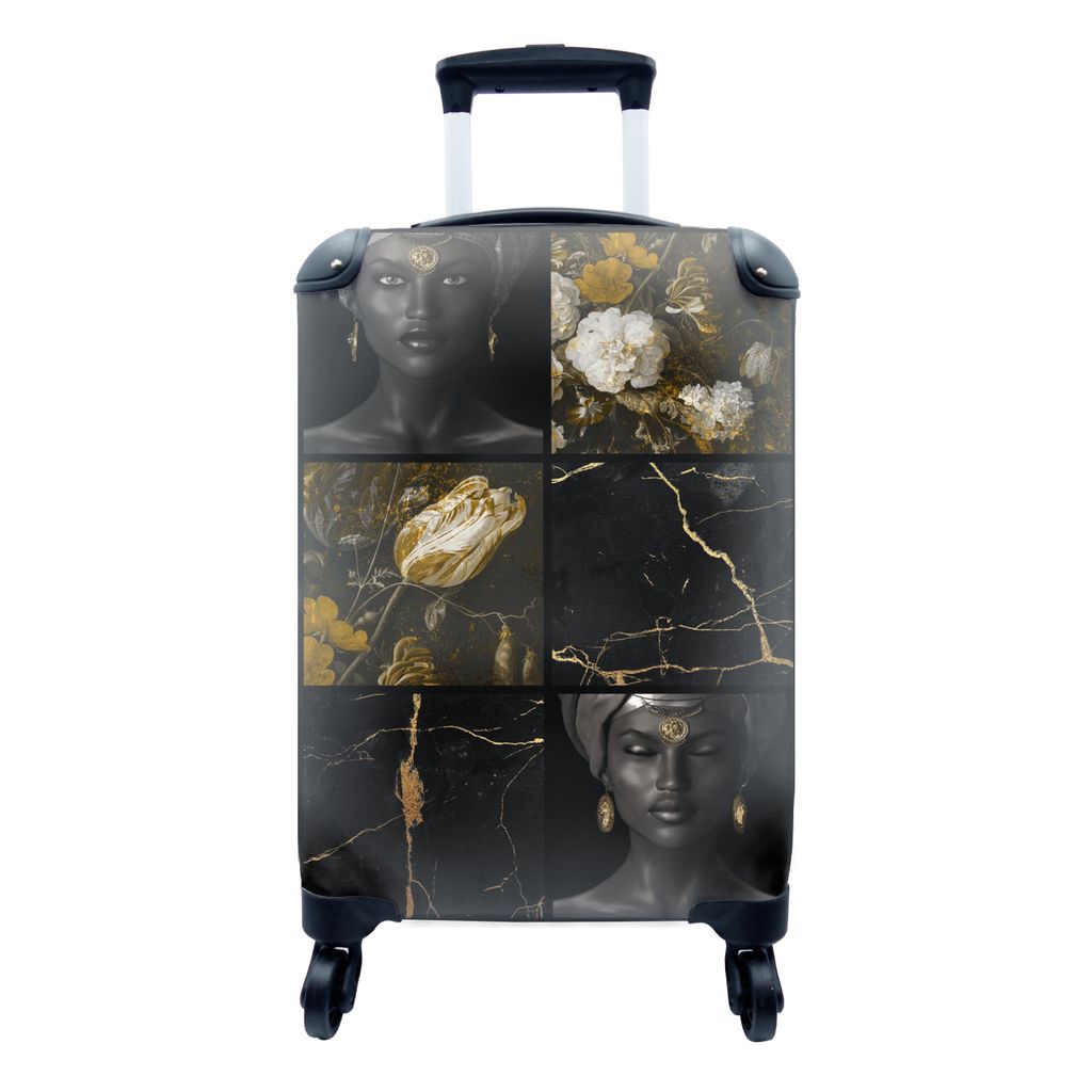 MuchoWow Koffer Handgepäck Trolley Rollkoffer Kleine Reisekoffer mit 4 Rollen - Blumen - Frauen - Marmor - Gold - Cabin Size < 55x40x23 cm & 55x...
