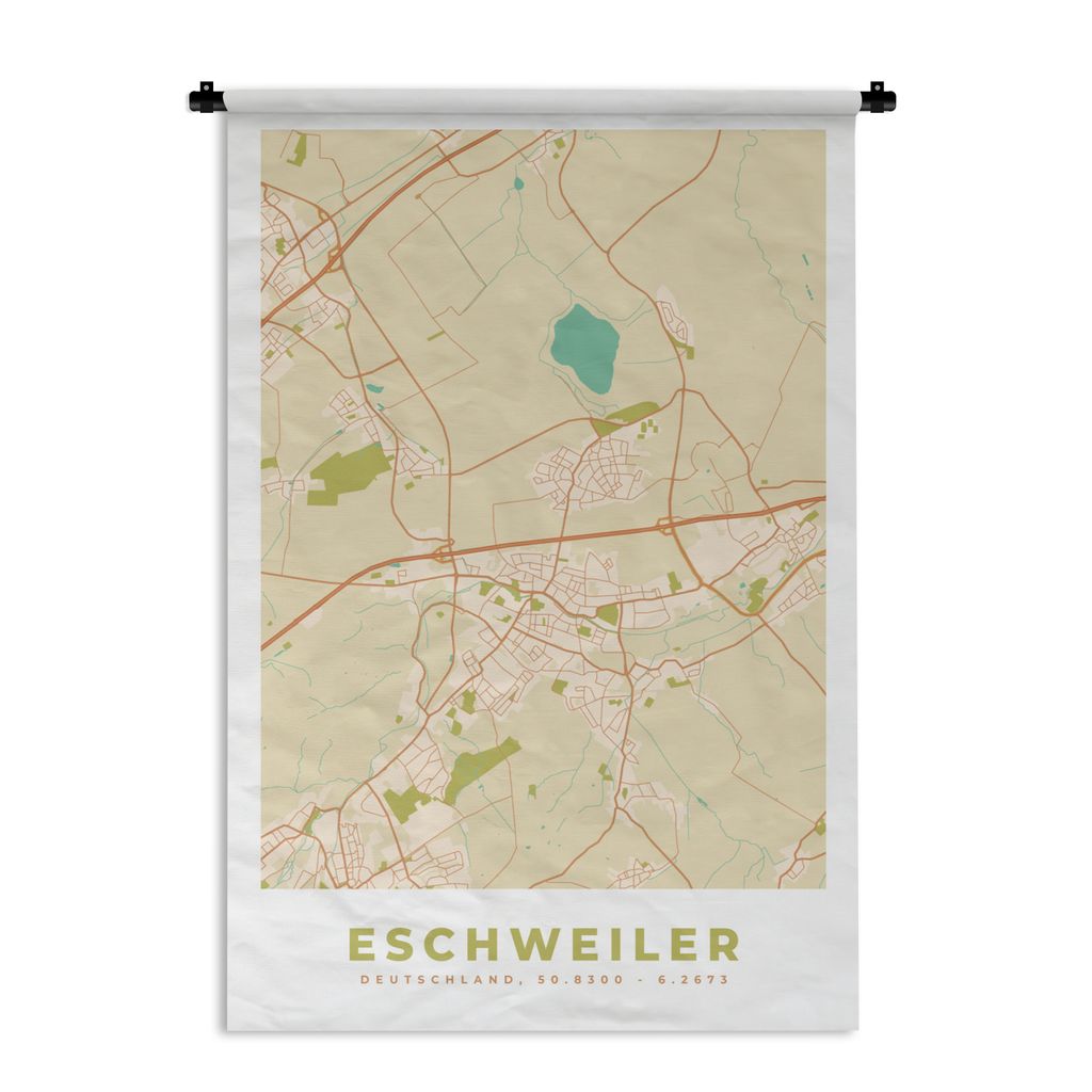 MuchoWow Wandteppich Wandbehang Stadtplan - Eschweiler - Karte - Vintage 90x135 cm Tapisserie Dekoration Wandtuch - Baumwolle - Wandskulptur