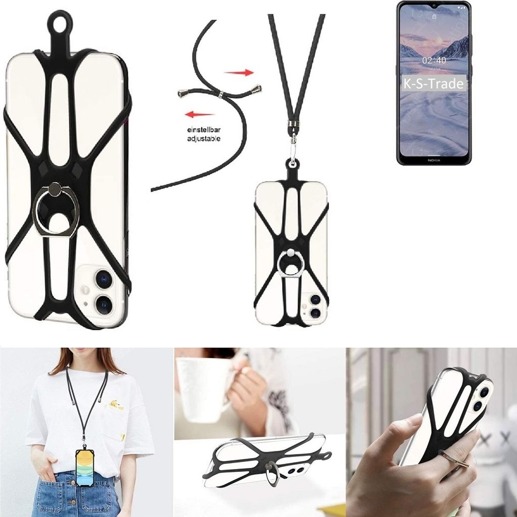 K-S-Trade 3in1 Handykette Handyband Handykordel Halsband Smartphone-Ring Handy-Ring kompatibel mit Nokia 2.4 Fingerhalterung Handyring Tischständer