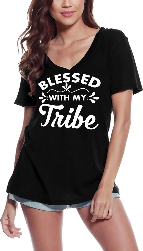 Damen Grafik T-Shirt V-Ausschnitt Gesegnet mit meinem Stamm – Blessed With My Tribe – Öko-Verantwortlich Vintage Jahrgang Kurzarm Lustige Druck