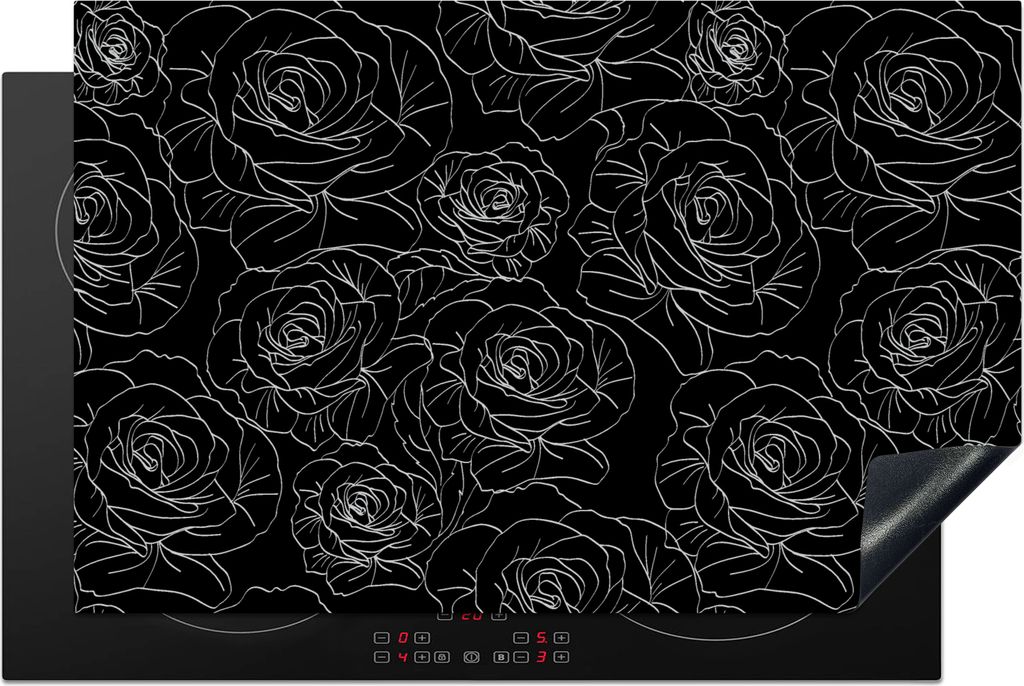 KitchenYeah Herdabdeckplatte Rosen - Schwarz und Weiß - Muster , 80x52cm, Küche Deko, Glaskeramikkochfeld Herdabdeckung, Abdeckplatte fùr Koch...
