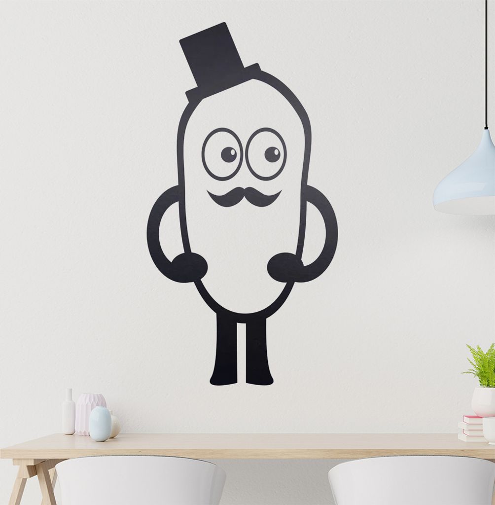 Bohne mit Hut und Schnurbart Wandtattoo in 6 Größen - Wandaufkleber Wall Sticker - Dekoration, Küche, Wohnzimmer, Schlafzimmer, Badezimmer