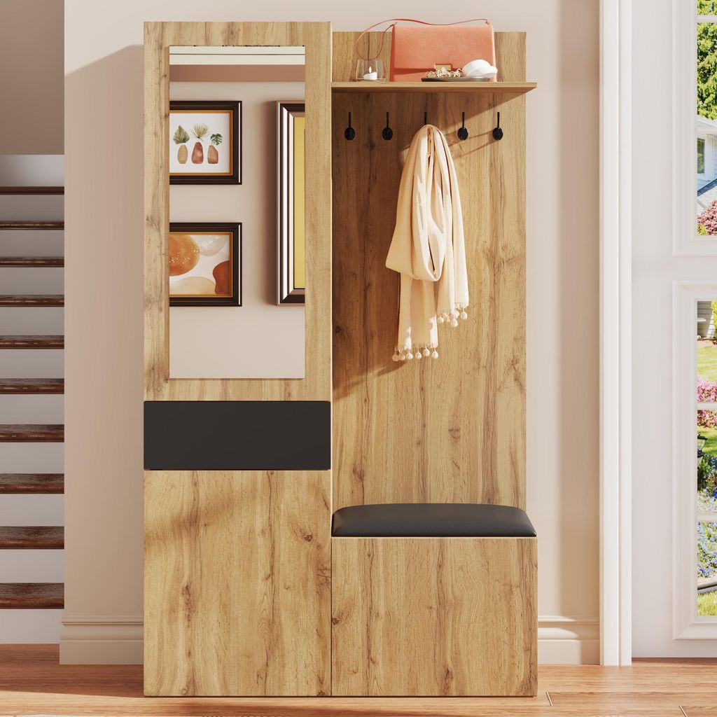 Garderoben-Set mit Sitzfläche, Spiegel, Schubladen, Schuhschrank und Haken