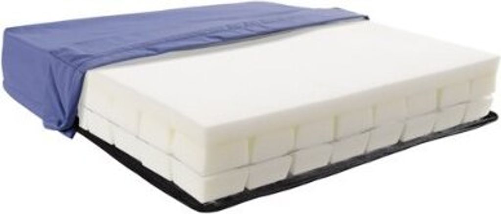 A cutaway view of a medical cushion with a blue cover and white foam interior.