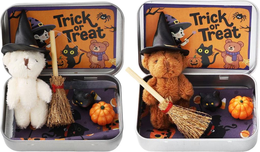 Halloween-Bär in einer Schachtel, handgefertigt, süßer Hexenbär in einer Dose für Süßes oder Saures, Miniatur-Plüschbär mit Besen, Kürbis...