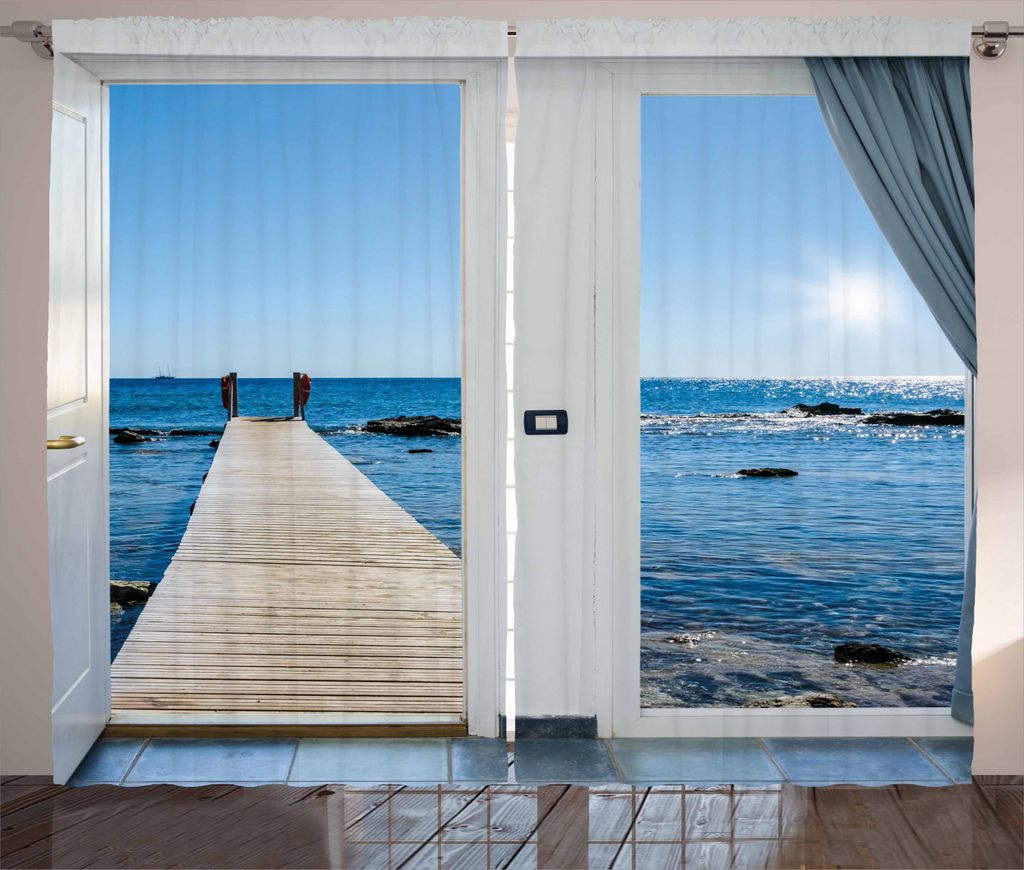 ABAKUHAUS Landschaft Rustikaler Gardine, Terrasse Ocean Sea Sunny, Schlafzimmer Kräuselband Vorhang mit Schlaufen und Haken, 280 x 245 cm, Hellbla...