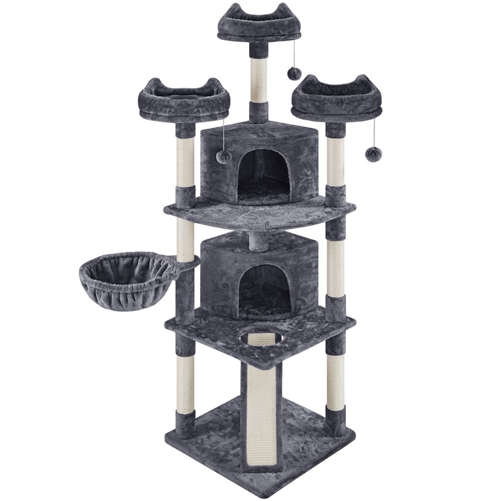 A multi-level cat tree with scratching posts, perches, and enclosed cubbies, set against a white background.
