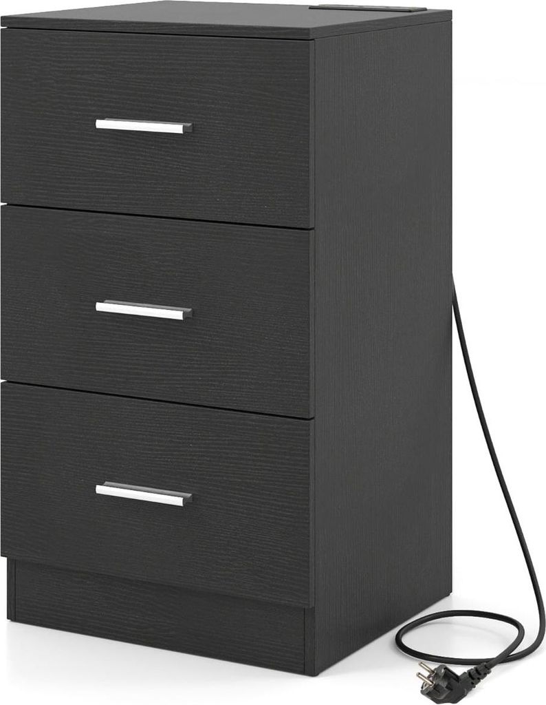Nachttisch mit Ladestation, 3 Schubladen, Schwarz