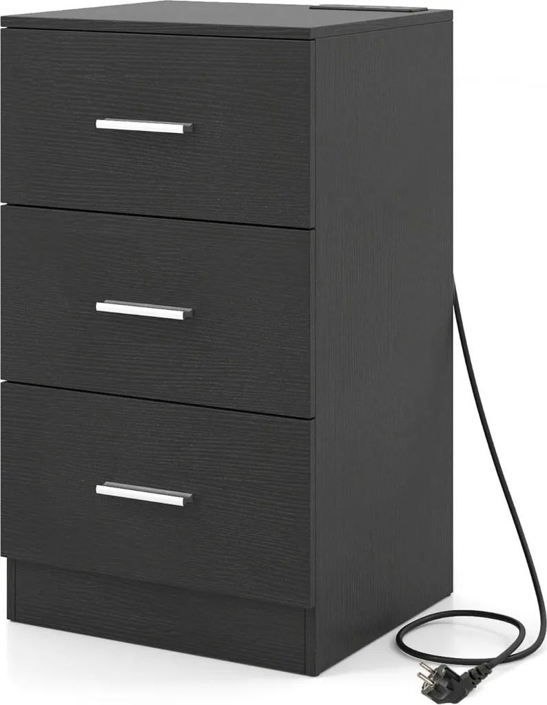 Table de Chevet Noire avec Station de Recharge et 3 Tiroirs de Rangement