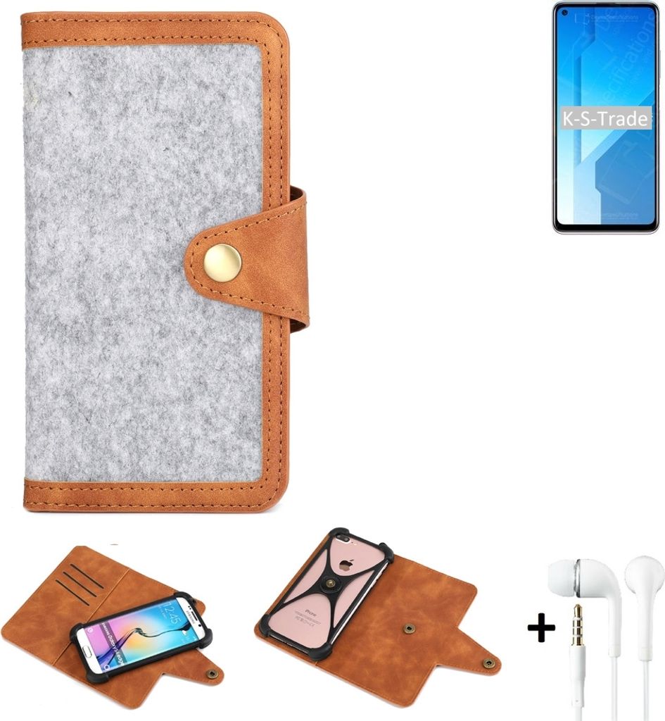 K-S-Trade Handyhülle + Kopfhörer kompatibel mit Huawei Honor Play 4 5G Schutzhülle Filz Hülle Kunstleder hellgrau braun (1x)