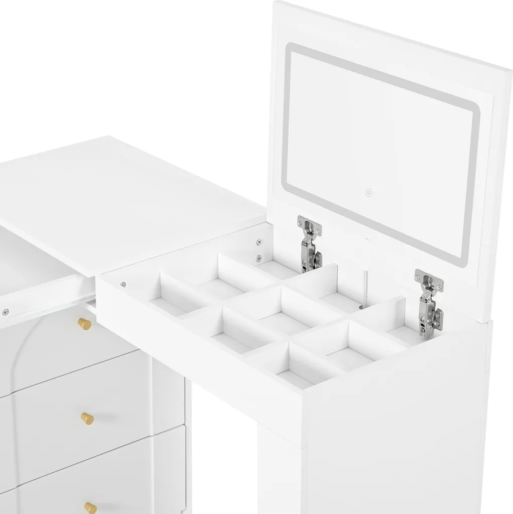 Table de Maquillage Pivotante avec Miroir LED - Coiffeuse Blanche Chic - 4
