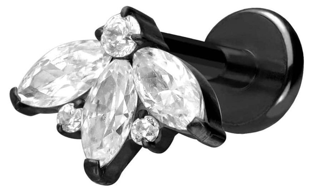 Ohrpiercing, Nasenpiercing Titan Labret mit Push Fit LOTUSBLÜTE Schwarz Stablänge: 6mm | Stabstärke: 1,2mm