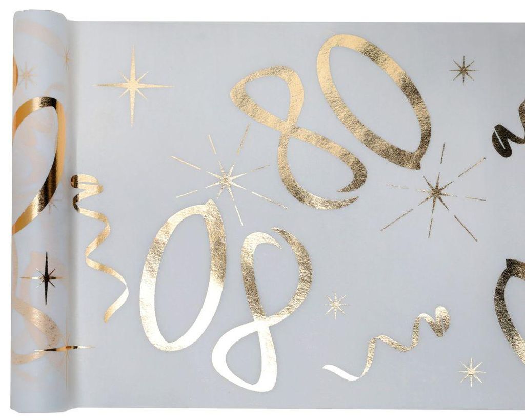 80. Geburtstag weiss gold Tischläufer 5 m x 30 cm Zahl 80 Produktbild 