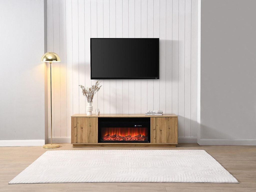 RTV 2-türiger Schrank mit Led-Kamin aus MDF - Natur und Schwarz - YEVINA