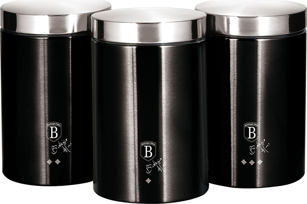 Berlinger Haus Black Silver 3er-Set Küchenvorratsdosen aus Robustem Edelstahl, Ø11 x 17,8cm Modernes Design Schwarz / Edelstahl