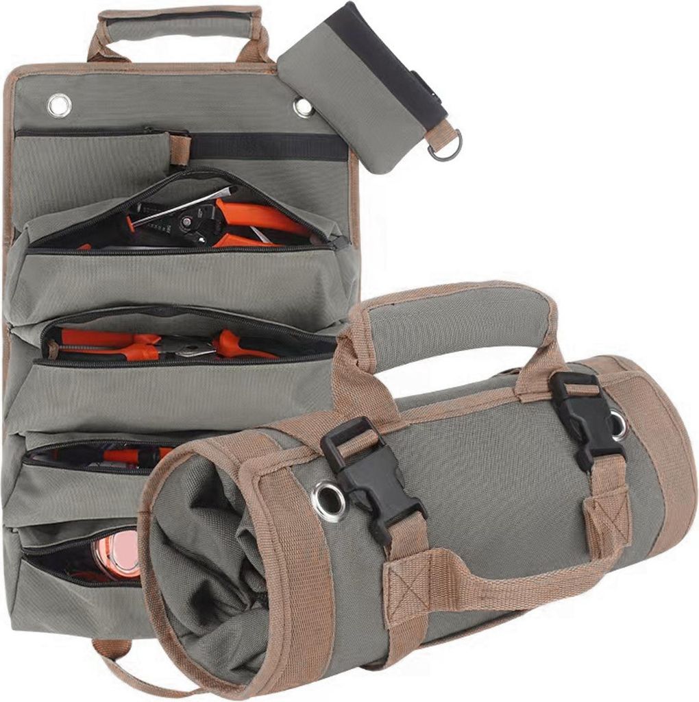 Werkzeugrolle mit 2 abnehmbaren Taschen und 4 großen Fächern aus robustem Oxford-Gewebe – ideal für Elektriker.