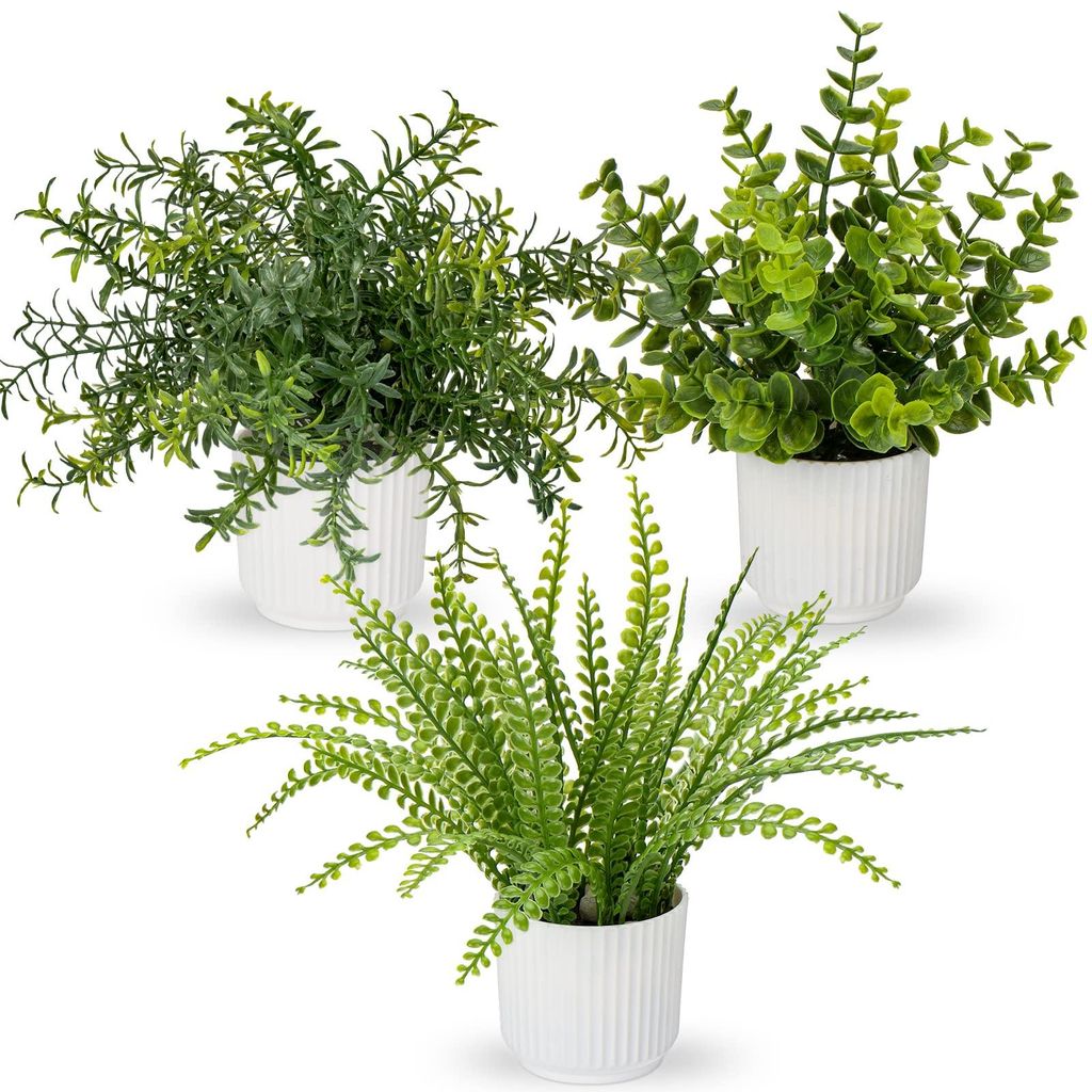 Set mit 3 künstlichen Topfpflanzen, die echtem Eukalyptus ähneln, Mini-Rosmarin und künstlicher Farn zur Dekoration von Wohnzimmer, Tisch, Badez...