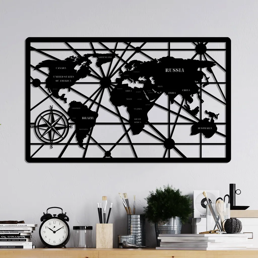 Wallity Mappa Mondo Metallo 40x65cm - Decorazione Design Nero Opaco