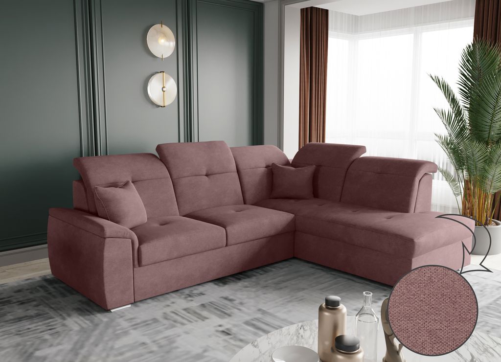 Kaiser Möbel Ecksofa mit schlaffunktion und bettkasten, Schlafsofa, Sofa L Form, Couch L Form BARON stoff Brooklyn Rosa Rechts