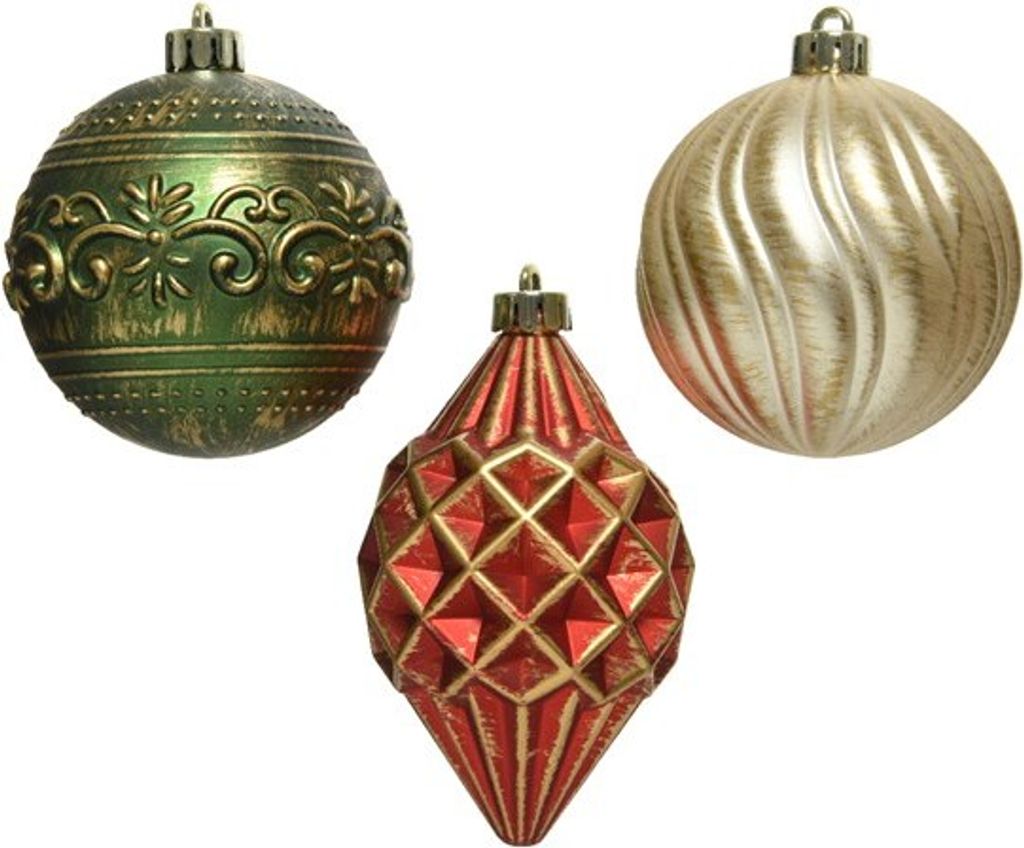 Weihnachtskugeln Kunststoff Vintage 8cm rot / gold / grün, 9er Set