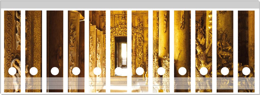 Wallario Ordnerrücken Sticker, selbstklebend für breite Ordner, 12 Stück, Motiv Buddhistischer Tempel aus Holz - Mandaley