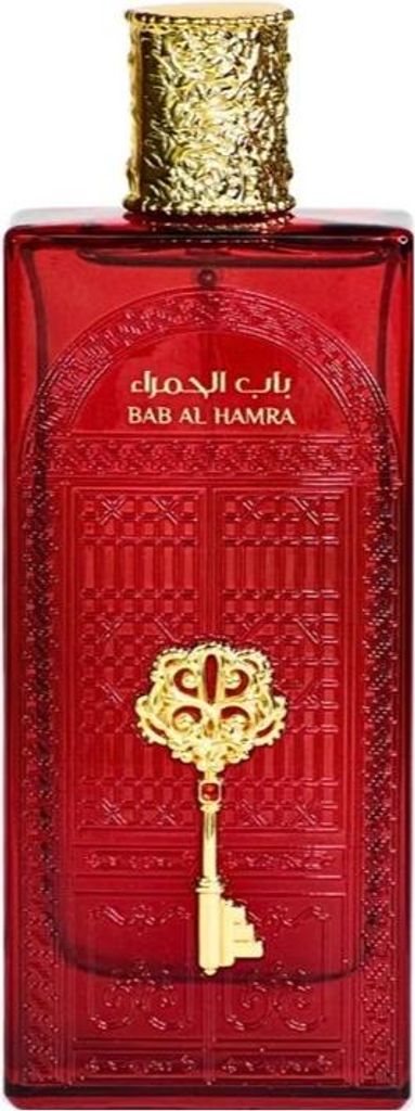 A red perfume bottle with gold accents and Arabic writing.