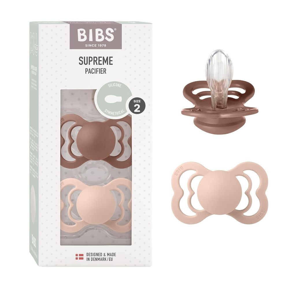 BIBS Supreme Schnuller 2er-Pack, BPA-frei, Symmetrischer Nippel. Silikon, Hergestellt in Dänemark. Größe 2 (6-18 Monate), Woodchuck / Blush