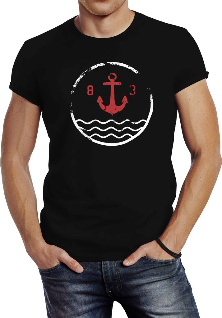 Herren T-Shirt Anker Vintage Wasser Slim Fit Neverless schwarz 4XL