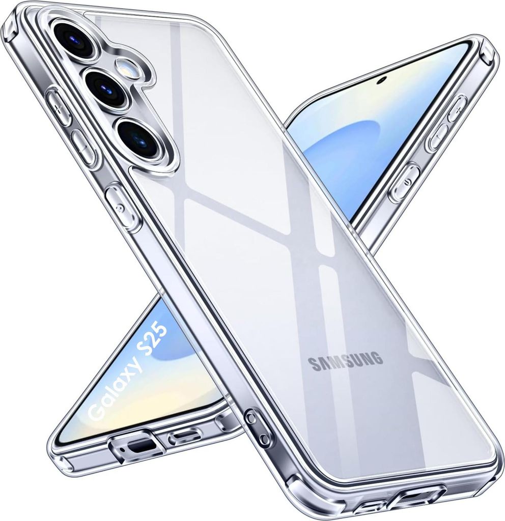 Two transparent phone cases are shown diagonally, overlapping each other, with one case revealing a phone screen.