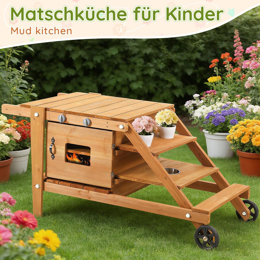 MODFU Outdoor-Kinderspielzeug Matschküche für Kinder Spielküche inkl Gartenküche mit Rollen Outdoor-Kinderspielzeug Essenswagen aus Holz Natur