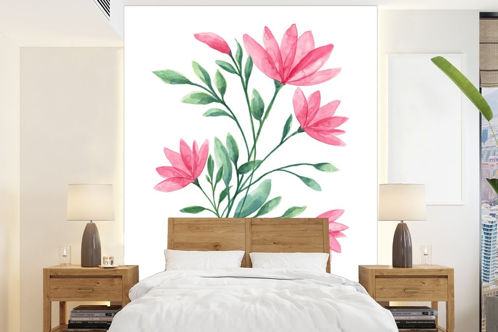 MuchoWow Fototapete für Wohnzimmer oder Schlafzimmer Wandtapete Vinyl Motivtapete Blumen - Aquarell - Rosa - 190x260 cm - Papiertapete