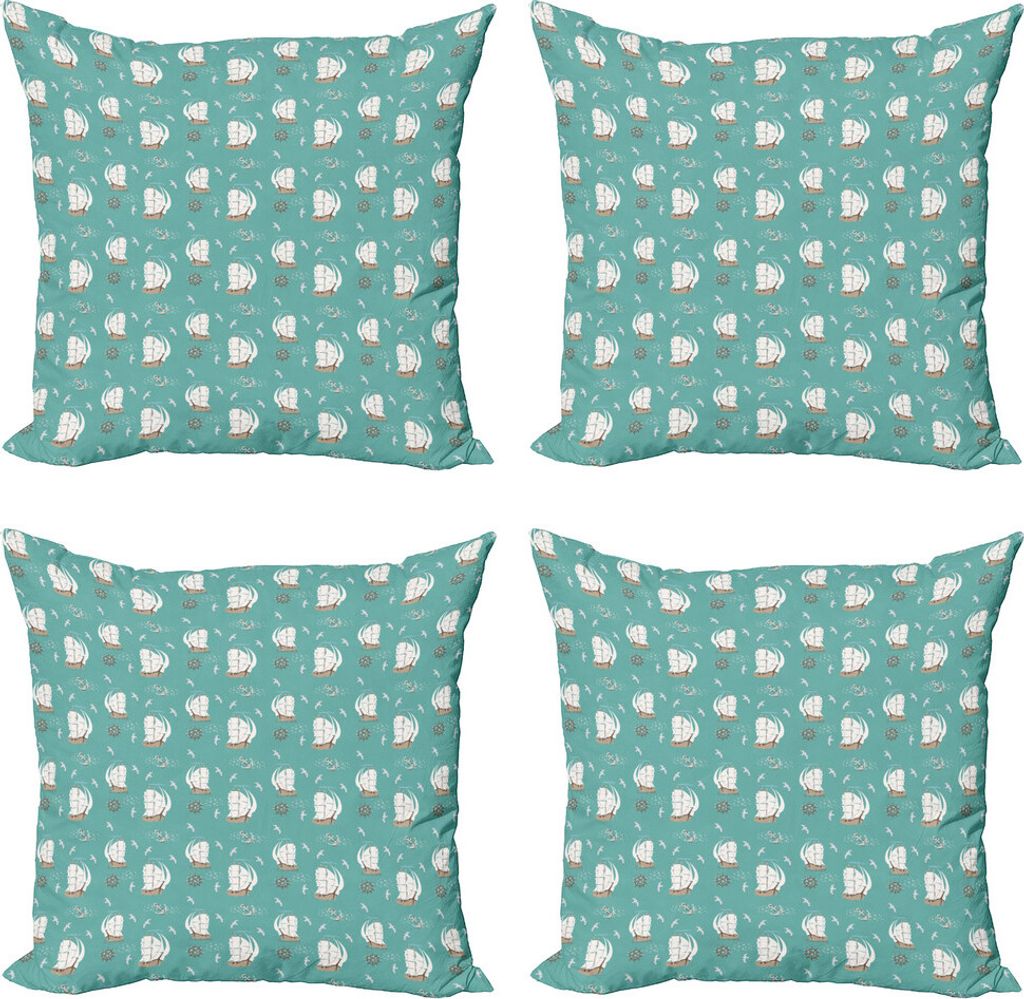 ABAKUHAUS Segeln Kissenbezug Set (4 Stück), Piraten-Schiffs-Anker Seagulls, Moderner Doppelseitiger Digitaldruck, 50 cm x 50 cm, Pale Teal Elfenbein