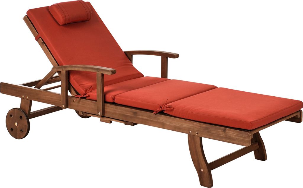 BELIANI Gartenliege Dunkelbraun u. Rot Akazienholz Verstellbar Rollbar Sonnenliege mit Tisch und Auflage Terrasse Garten Balkon Modernes Design