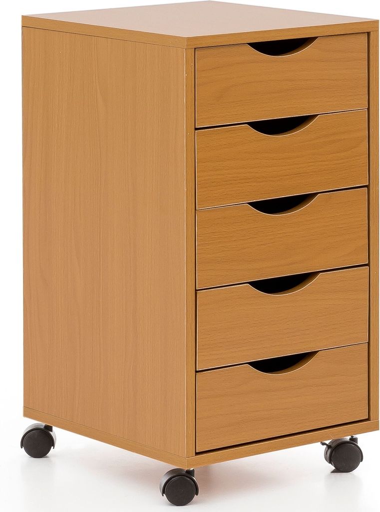 WOHNLING Rollcontainer WL5.924 33x64x38cm Buche MDF-Holz Schreibtisch-Container Rollschrank 5 Schubladen Moderner Schubladencontainer mit Rollen