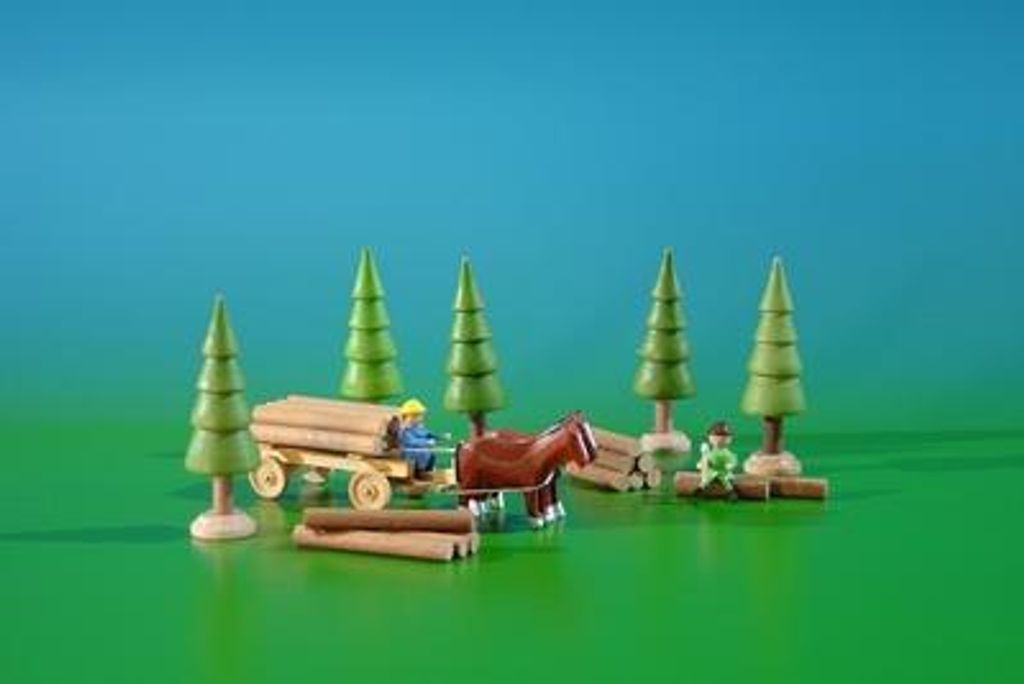 Miniaturdekoration Gespann mit Waldarbeiter Höhe 2,6cm NEU