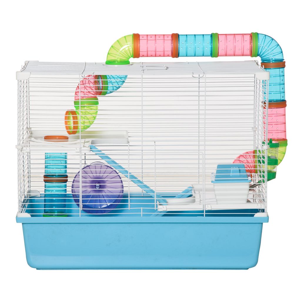 PawHut Käfig für Nagetiere und Hamster, 3 Ebenen mit Tunnel, Wasserflasche, Rädern, Haus, Leiter, Abm. 59 L x 36 B x 47 H cm
