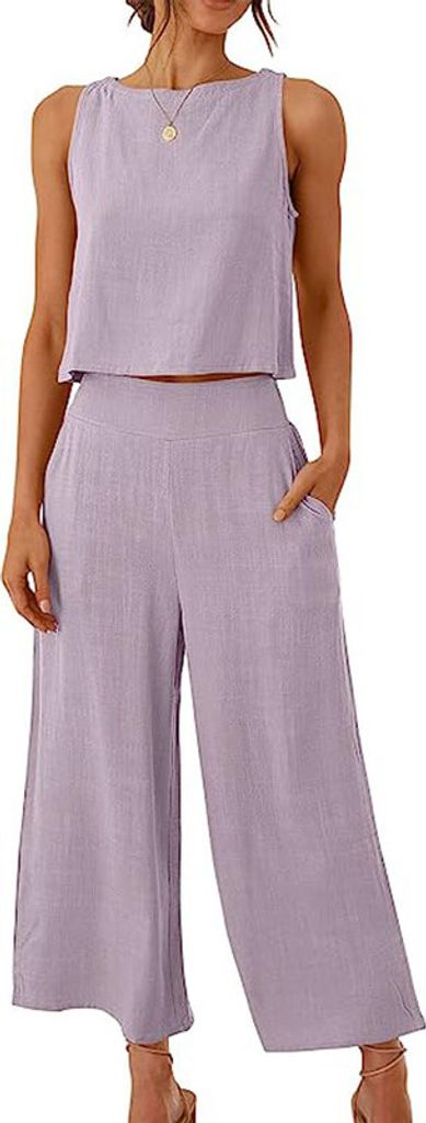 ASKSA Damen 2 Teiler Sommer Ärmellos Knöpfe Tank Top Weitem Hose Bein Einfarbig Zweiteiler Outfit mit Taschen, Violett, XXL