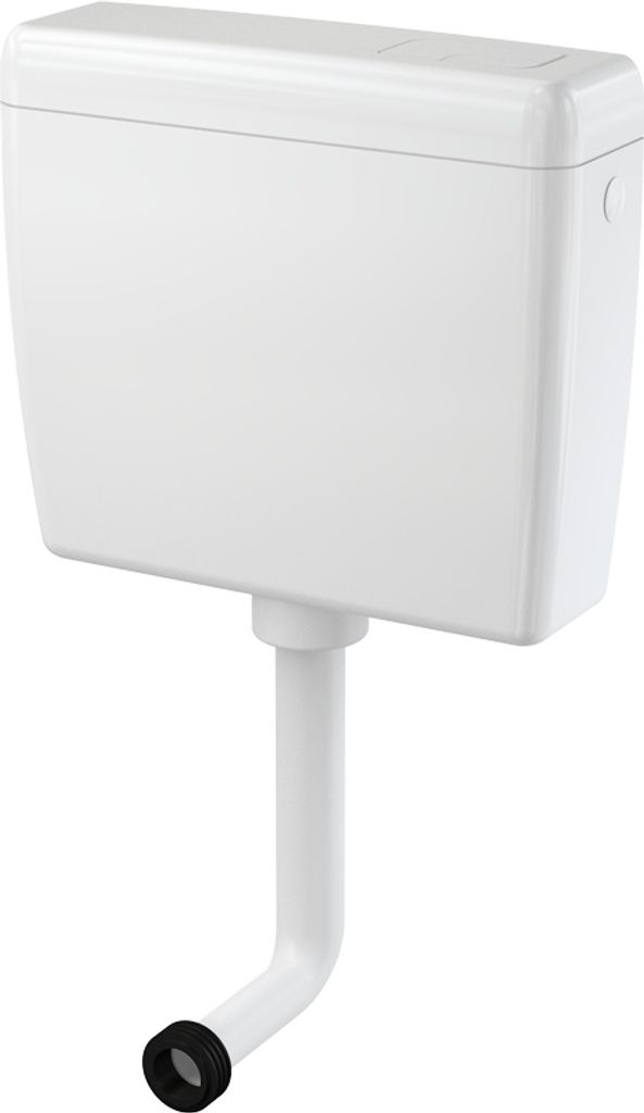 A white toilet cistern with a white flush pipe and a black rubber seal at the bottom.