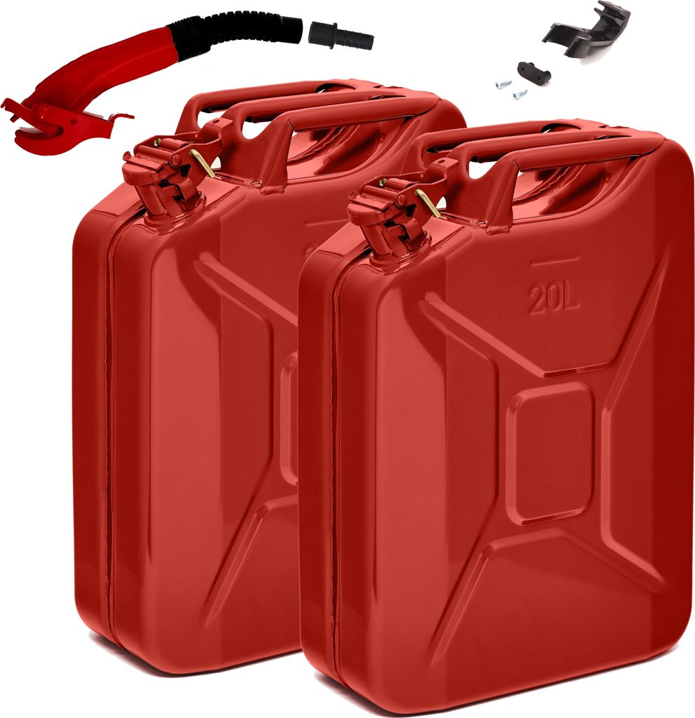 BW Kraftstoffkanister Metall Benzinkanister 2x 20 Liter mit Ausgießer - Rot RAL 3000 - UN-Zulassung - Hergestellt in Europa