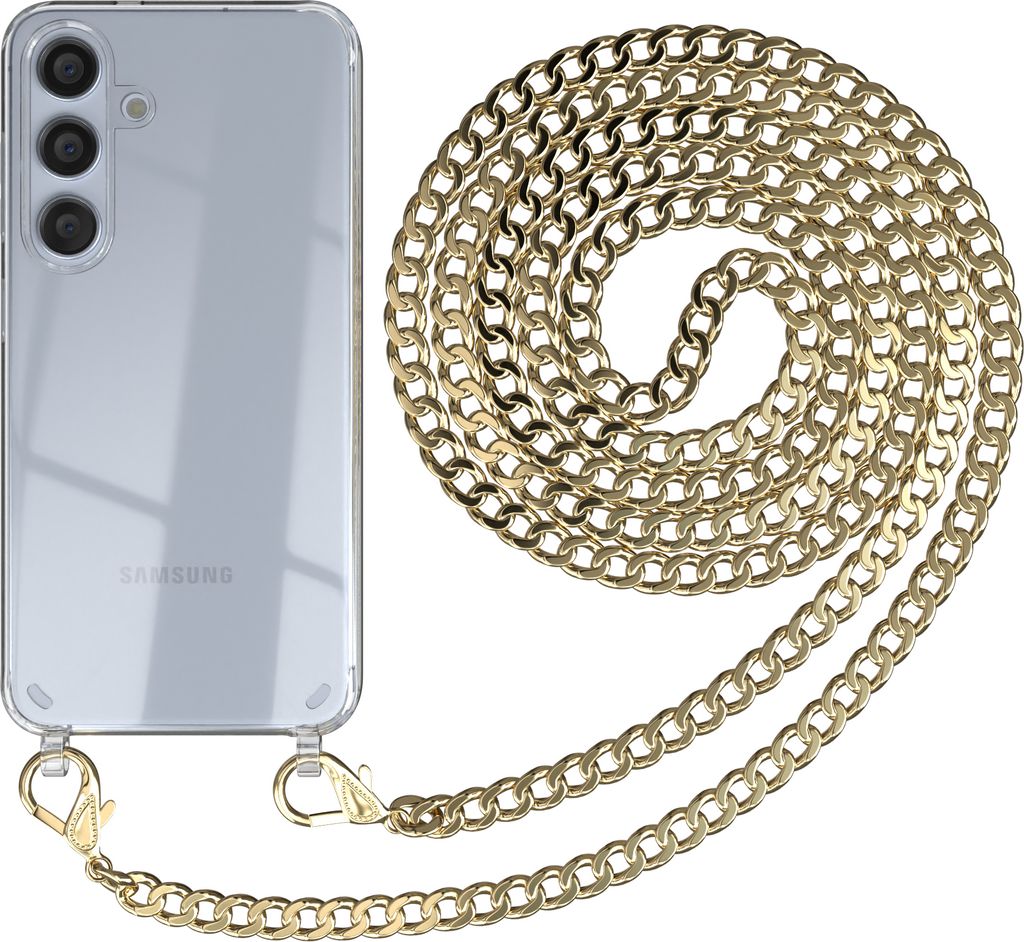 EAZY CASE Metall Handykette für Samsung Galaxy S24, Handyhülle mit Umhängeband, Silikonhülle, Metallkette für Smartphone in Gold