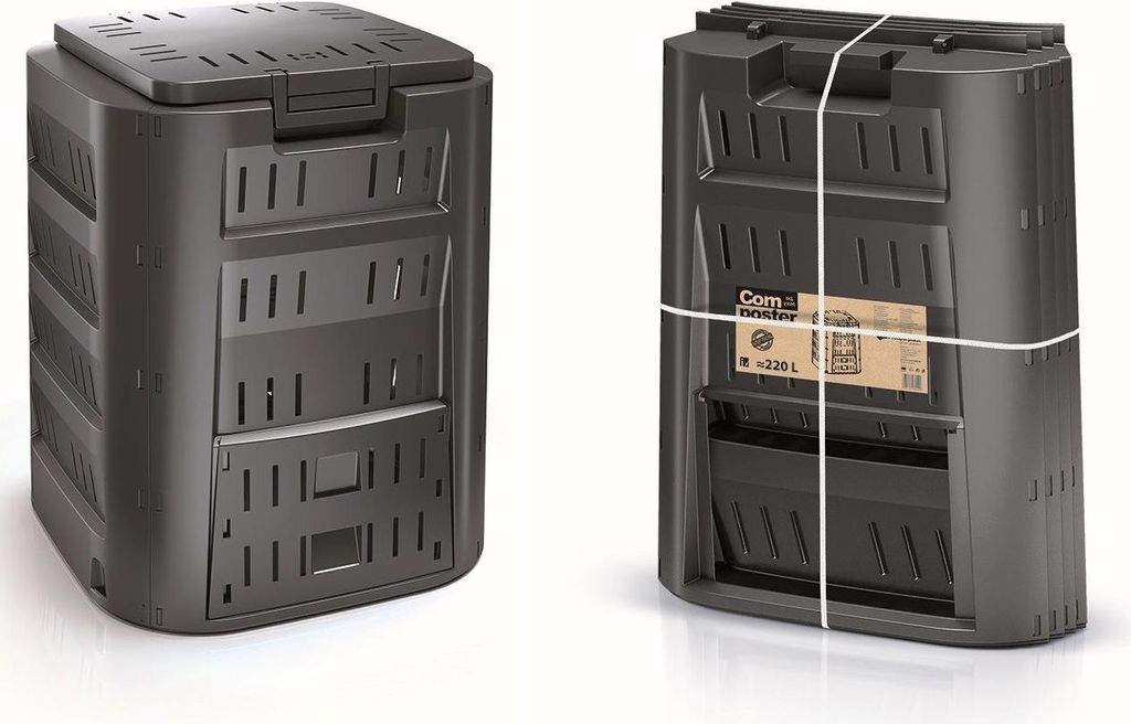 Two views of a black compost bin are shown against a white background.