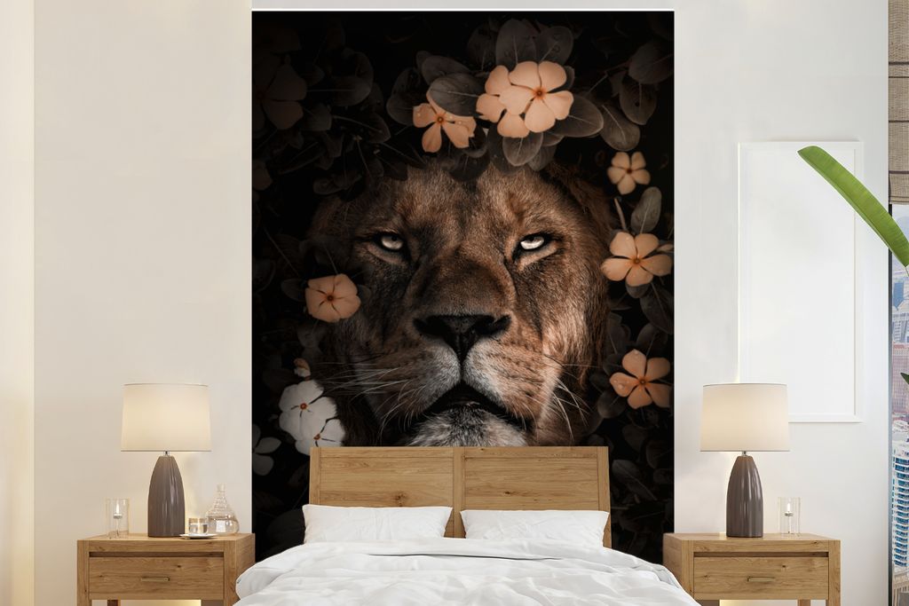 MuchoWow Fototapete für Wohnzimmer oder Schlafzimmer Wandtapete Vinyl Motivtapete Dschungel - Löwe - Blumen - 155x240 cm - Tapete