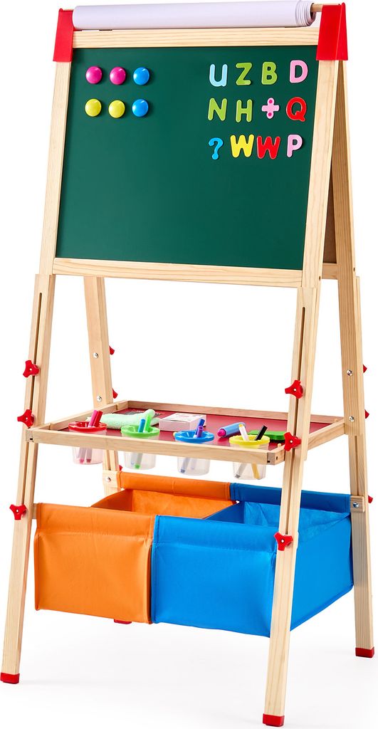 SucceBuy 3-in-1-Kunststaffelei für Kinder, doppelseitiges magnetisches Whiteboard aus Holz, Kreidetafel, Papierrolle, verstellbares stehendes Zeic...