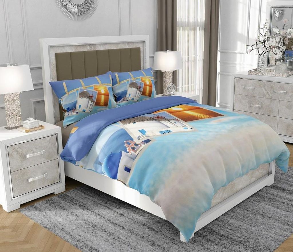 Bettwäsche 160x200 cm + 2x70x80 cm, 3-teilig, 100% Baumwolle, Satin, Reißverschluss, mediterran, Himmelblau - SOVIO | So.0093