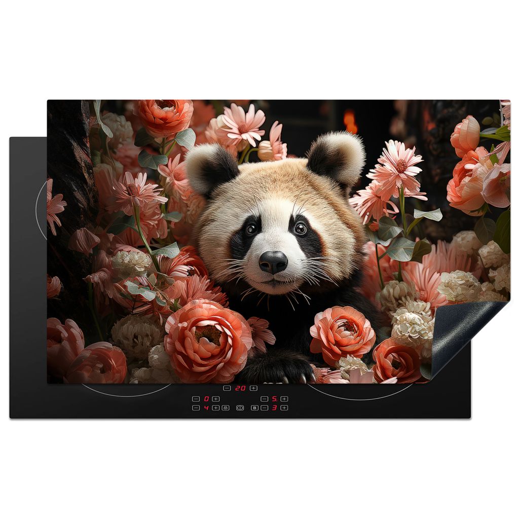 KitchenYeah Herdabdeckplatte Panda - Tier - Blumen - Natur - Botanisch , 83x51cm, Küche Deko, Glaskeramikkochfeld Herdabdeckung, Abdeckplatte f...