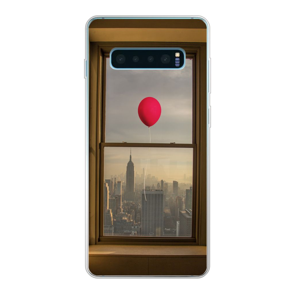 MuchoWow Handyhülle Schutzhülle Hülle für Samsung Galaxy S10 Lite Roter Ballon fliegt an Fenster in New York vorbei Silikon Softcase Handy H...