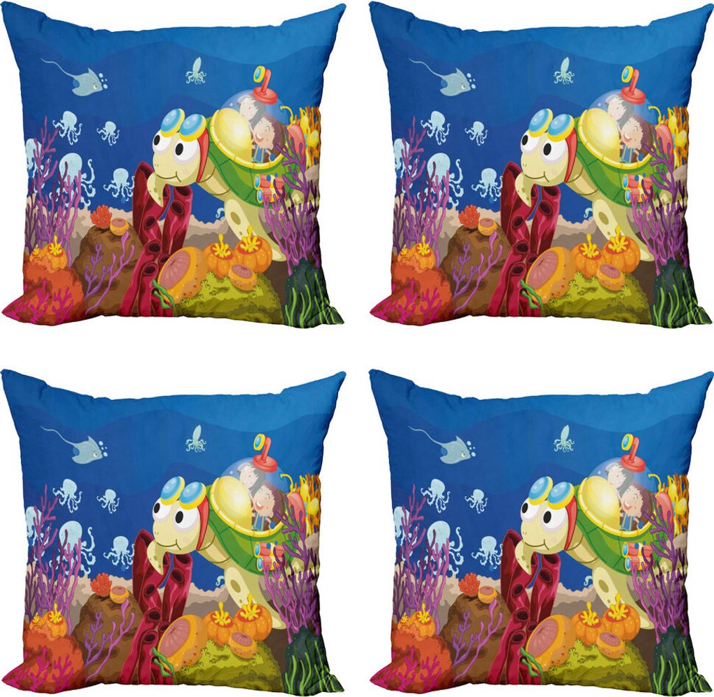 ABAKUHAUS Schildkröte Kissenbezug Set (4 Stück), Karikatur-Schildkröte Kinder, Moderner Doppelseitiger Digitaldruck, 50 cm x 50 cm, Mehrfarbig