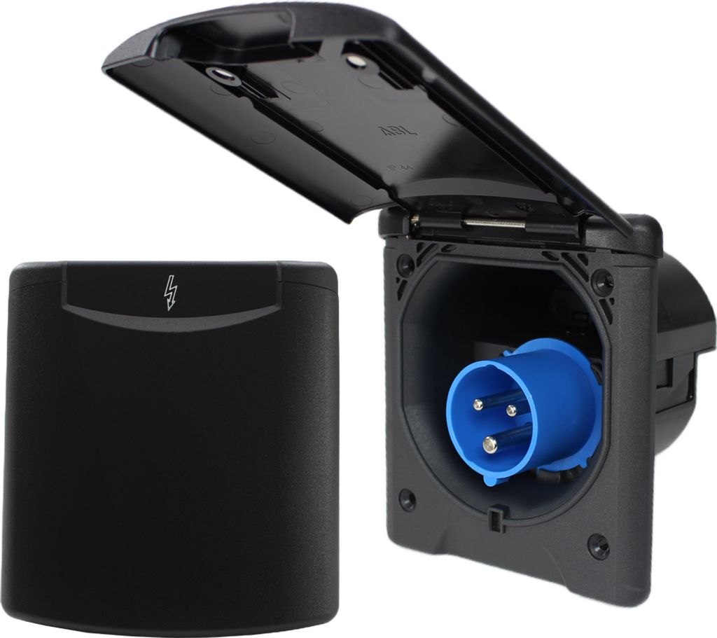 CEE Aussensteckdose Einspeisungssteckdose Einbausteckdose Wohnwagen Wohnmobil 220V - 250V ABL Magnetdeckel schwarz